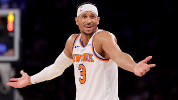Jan 13, 2025; New York, New York, USA; New York Knicks guard Josh Hart (3) reacts during the second quarter against the Detroit Pistons at Madison Square Garden. Mandatory Credit: Brad Penner-Imagn Images