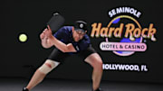 Apr 2, 2023; Hollywood, FL, USA; Andy Roddick returns a shot against Michael Chang (not pictured) during a singles match at the Pickleball Slam at Hard Rock Live at Seminole Hard Rock Hotel & Casino.