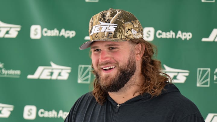 Jul 23, 2025; Florham Park, NY, USA; New York Jets center Joe Tippmann (66) speaks at a press conference during training camp at Atlantic Health Jets Training Center. Mandatory Credit: John Jones-Imagn Images