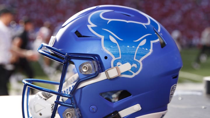 Sep 2, 2023; Madison, Wisconsin, USA;  A Buffalo Bulls helmet sits on the sidelines during the game against the Wisconsin Badgers at Camp Randall Stadium. Mandatory Credit: Jeff Hanisch-Imagn Images