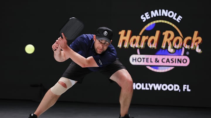 Apr 2, 2023; Hollywood, FL, USA; Andy Roddick returns a shot against Michael Chang (not pictured) during a singles match at the Pickleball Slam at Hard Rock Live at Seminole Hard Rock Hotel & Casino. Apr 2, 2023; Hollywood, FL, USA; Andy Roddick returns a shot against Michael Chang (not pictured) during a singles match at the Pickleball Slam at Hard Rock Live at Seminole Hard Rock Hotel & Casino.