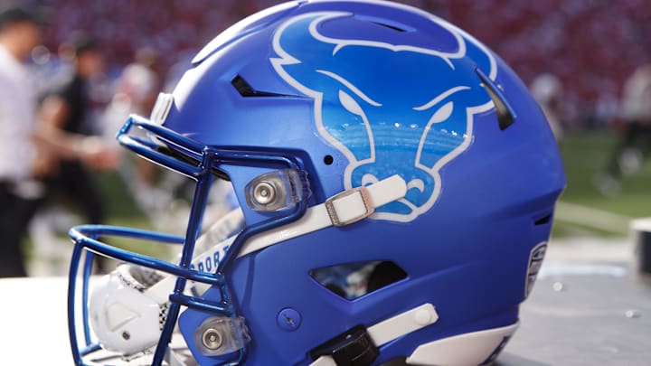 Sep 2, 2023; Madison, Wisconsin, USA; A Buffalo Bulls helmet sits on the sidelines during the game against the Wisconsin Badgers at Camp Randall Stadium. Mandatory Credit: Jeff Hanisch-Imagn Images Sep 2, 2023; Madison, Wisconsin, USA; A Buffalo Bulls helmet sits on the sidelines during the game against the Wisconsin Badgers at Camp Randall Stadium. Mandatory Credit: Jeff Hanisch-Imagn Images