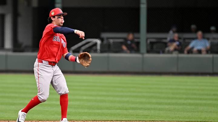 Feb 27, 2026; North Port, Florida, USA; Boston Red Sox second baseman Marcelo Mayer (11) throws to first base in the second inning against the Atlanta Braves during spring training at CoolToday Park. Mandatory Credit: Jonathan Dyer-Imagn Images