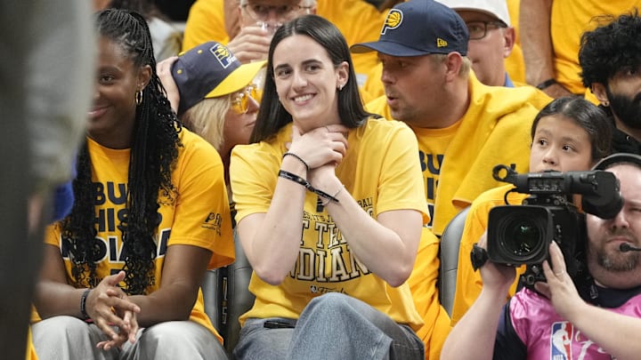 Jun 11, 2025; Indianapolis, Indiana, USA; Caitlin Clark attends game three of the 2025 NBA Finals between the Oklahoma City Thunder and the Indiana Pacers at Gainbridge Fieldhouse. Mandatory Credit: Kyle Terada-Imagn Images Jun 11, 2025; Indianapolis, Indiana, USA; Caitlin Clark attends game three of the 2025 NBA Finals between the Oklahoma City Thunder and the Indiana Pacers at Gainbridge Fieldhouse. Mandatory Credit: Kyle Terada-Imagn Images