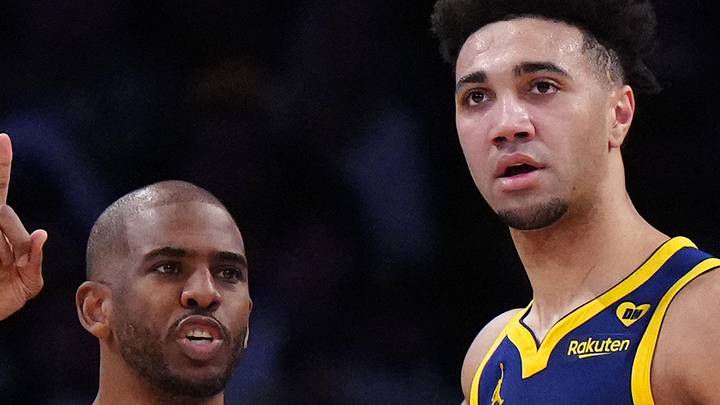 Apr 9, 2024; Los Angeles, California, USA; Golden State Warriors forward Trayce Jackson-Davis (32) and guard Chris Paul (3) react against the Los Angeles Lakers in the first half at Crypto.com Arena. Mandatory Credit: Kirby Lee-Imagn Images
