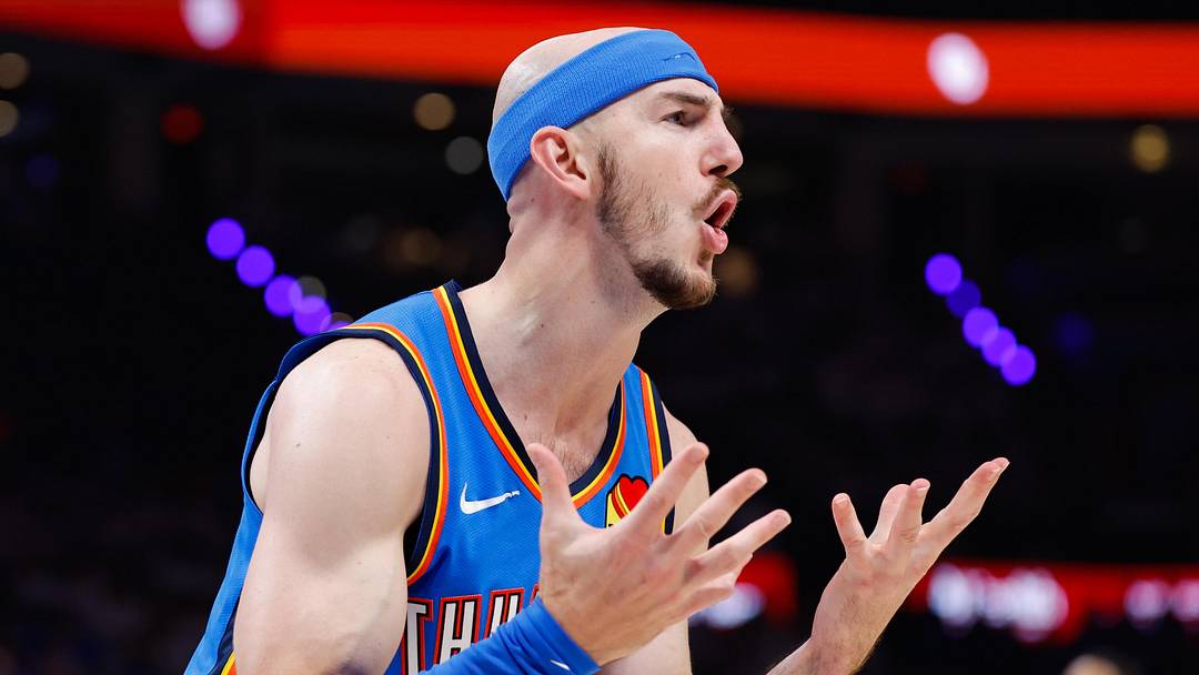 May 20, 2026; Oklahoma City, Oklahoma, USA; Oklahoma City Thunder guard Alex Caruso (9) reacts to a play during the fourth quarter against the San Antonio Spurs during game two of the western conference finals for the 2026 NBA playoffs at Paycom Center. Mandatory Credit: Alonzo Adams-Imagn Images May 20, 2026; Oklahoma City, Oklahoma, USA; Oklahoma City Thunder guard Alex Caruso (9) reacts to a play during the fourth quarter against the San Antonio Spurs during game two of the western conference finals for the 2026 NBA playoffs at Paycom Center. Mandatory Credit: Alonzo Adams-Imagn Images