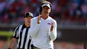 Sep 27, 2025; Oxford, Mississippi, USA; Mississippi Rebels head coach Lane Kiffin reacts during the second quarter against the LSU Tigers at Vaught-Hemingway Stadium. Mandatory Credit: Petre Thomas-Imagn Images