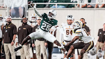 Michigan State defensive back Chance Rucker (25) blocks a pass intended for Western Michigan wide receiver Terence Marshall (11) during the second half at Spartan Stadium in East Lansing on Friday, August 29, 2025.