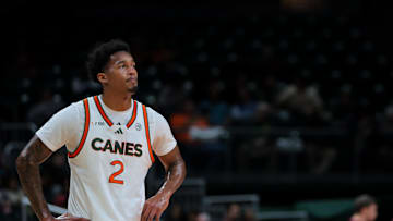 Jan 8, 2025; Coral Gables, Florida, USA; Miami Hurricanes forward Brandon Johnson (2) looks on against the Florida State Seminoles during the first half at Watsco Center. Mandatory Credit: Sam Navarro-Imagn Images
