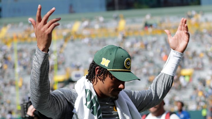 Green Bay Packers quarterback Jordan Love celebrates a 16-10 victory against the Indianapolis Colts during their game Sunday, September 15, 2024, at Lambeau Field in Green Bay, Wisconsin.