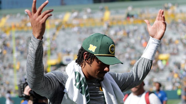 Green Bay Packers quarterback Jordan Love (10) celebrates a 16-10 victory agianst the Indianapolis Colts on Sunday.