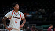 Jan 8, 2025; Coral Gables, Florida, USA; Miami Hurricanes forward Brandon Johnson (2) looks on against the Florida State Seminoles during the first half at Watsco Center. Mandatory Credit: Sam Navarro-Imagn Images