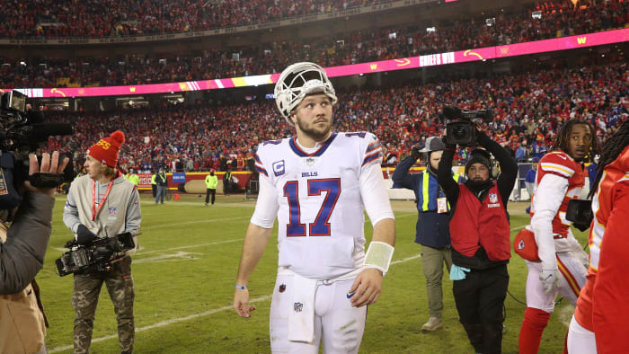 Bills quarterback Josh Allen heads off the field after a 42-36 overtire loss to the Chiefs knocked