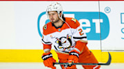 Jan 30, 2025; Calgary, Alberta, CAN; Anaheim Ducks center Mason McTavish (23) skates during the warmup period against the Calgary Flames at Scotiabank Saddledome. Mandatory Credit: Sergei Belski-Imagn Images