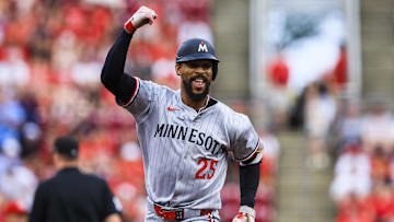 Jun 17, 2025; Cincinnati, Ohio, USA; Minnesota Twins outfielder Byron Buxton (25) reacts after hitting a solo home run in the third inning against the Cincinnati Reds at Great American Ball Park. Mandatory Credit: Katie Stratman-Imagn Images