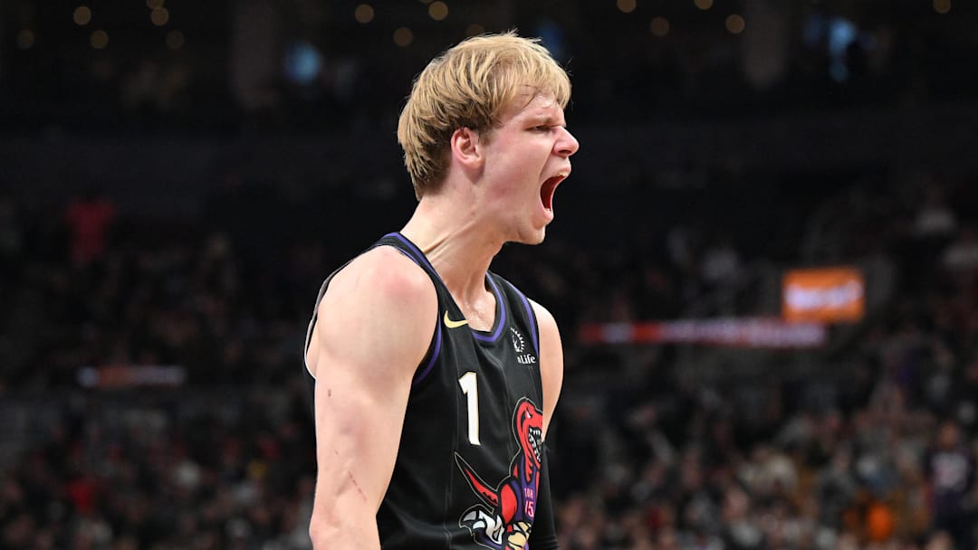 Jan 21, 2025; Toronto, Ontario, CAN;  Toronto Raptors forward Gradey Dick (1) celebrates with guard Jamal Shead (23) after making a basket against the Orlando Magic in the second half at Scotiabank Arena. Mandatory Credit: Dan Hamilton-Imagn Images