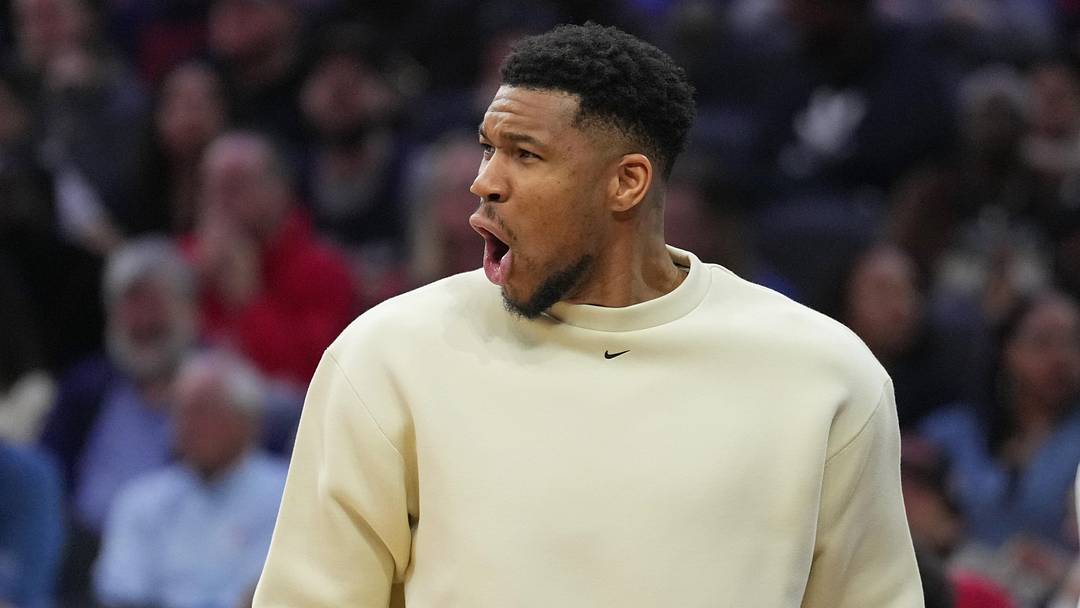 Apr 12, 2026; Philadelphia, Pennsylvania, USA; Milwaukee Bucks forward Giannis Antetokounmpo reacts during the game against the Philadelphia 76ers at Xfinity Mobile Arena. Mandatory Credit: Kyle Ross-Imagn Images