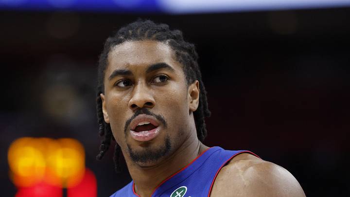 Detroit Pistons guard Jaden Ivey (23) reacts in the first half against the Milwaukee Bucks at Little Caesars Arena on Dec 6, 2025.