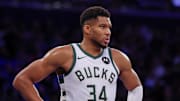 Nov 28, 2025; New York, New York, USA; Milwaukee Bucks forward Giannis Antetokounmpo (34) looks back during the second half against the New York Knicks at Madison Square Garden. Mandatory Credit: Vincent Carchietta-Imagn Images