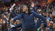 Ole Miss Head Coach Yolett McPhee-McCuin during the first quarter of the SEC Women's Basketball Tournament game at the Bon Secours Wellness Arena in Greenville, S.C. Saturday, March 9, 2024.