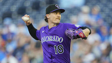 Apr 22, 2025; Kansas City, Missouri, USA; Colorado Rockies starting pitcher Ryan Feltner (18) pitches during the first inning against the Kansas City Royals at Kauffman Stadium. Mandatory Credit: Jay Biggerstaff-Imagn Images