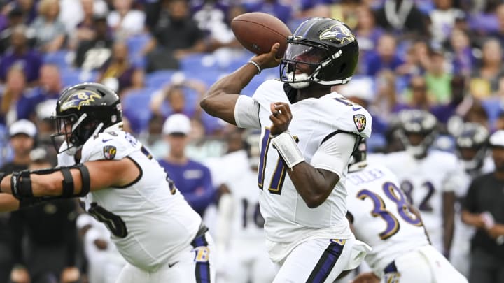 Aug 17, 2024; Baltimore, Maryland, USA;  Baltimore Ravens quarterback Josh Johnson (17) throws during the first half Atlanta Falcons at M&T Bank Stadium. Mandatory Credit: Tommy Gilligan-USA TODAY Sports