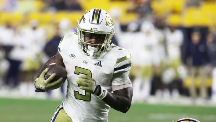 Oct 1, 2022; Pittsburgh, Pennsylvania, USA; Georgia Tech Yellow Jackets running back Hassan Hall (3) runs the ball against the Pittsburgh Panthers during the fourth quarter at Acrisure Stadium. Georgia Tech won 26-21. Mandatory Credit: Charles LeClaire-USA TODAY Sports