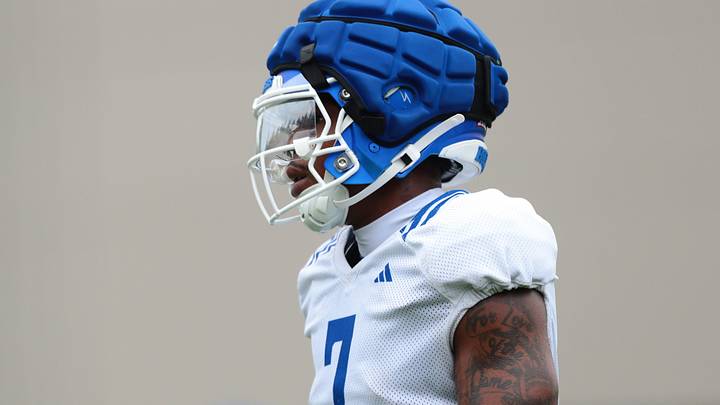 Kansas redshirt senior linebacker Bam Crouch (7) looks on during practice at The University of Kansas on Aug. 6, 2026.