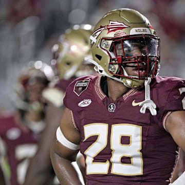 Sep 2, 2024; Tallahassee, Florida, USA; Florida State Seminoles linebacker Justin Cryer (28) reacts during the fourth quarter against the Boston College Eagles at Doak S. Campbell Stadium. Mandatory Credit: Melina Myers-Imagn Images