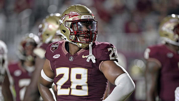 Sep 2, 2024; Tallahassee, Florida, USA; Florida State Seminoles linebacker Justin Cryer (28) reacts during the fourth quarter against the Boston College Eagles at Doak S. Campbell Stadium. Mandatory Credit: Melina Myers-Imagn Images