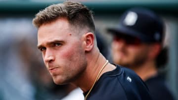 Detroit Tigers' Kerry Carpenter looks on during the ninth inning against Washington Nationals at Comerica Park in Detroit on Thursday, June 13, 2024.