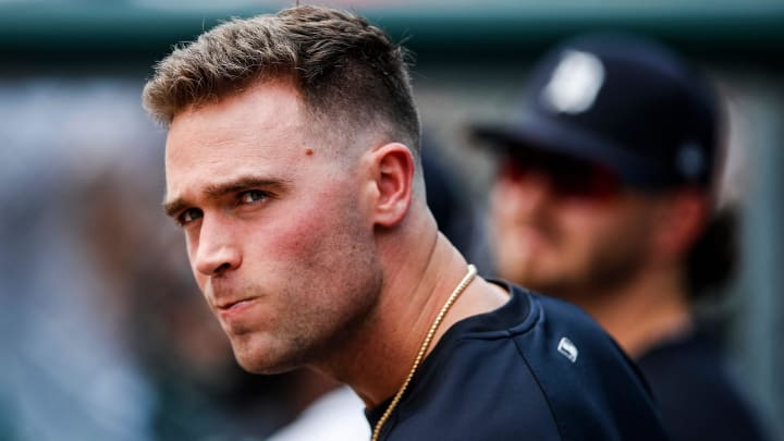 Detroit Tigers' Kerry Carpenter looks on during the ninth inning against Washington Nationals at Comerica Park in Detroit on Thursday, June 13, 2024.