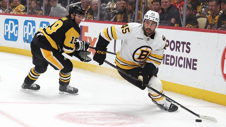 Mar 8, 2026; Pittsburgh, Pennsylvania, USA; Boston Bruins defenseman Jonathan Aspirot (45) handles the puck against Pittsburgh Penguins center Connor Dewar (19) during the first period at PPG Paints Arena. Mandatory Credit: Charles LeClaire-Imagn Images Mar 8, 2026; Pittsburgh, Pennsylvania, USA; Boston Bruins defenseman Jonathan Aspirot (45) handles the puck against Pittsburgh Penguins center Connor Dewar (19) during the first period at PPG Paints Arena. Mandatory Credit: Charles LeClaire-Imagn Images