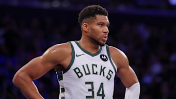 Nov 28, 2025; New York, New York, USA; Milwaukee Bucks forward Giannis Antetokounmpo (34) looks back during the second half against the New York Knicks at Madison Square Garden. Mandatory Credit: Vincent Carchietta-Imagn Images