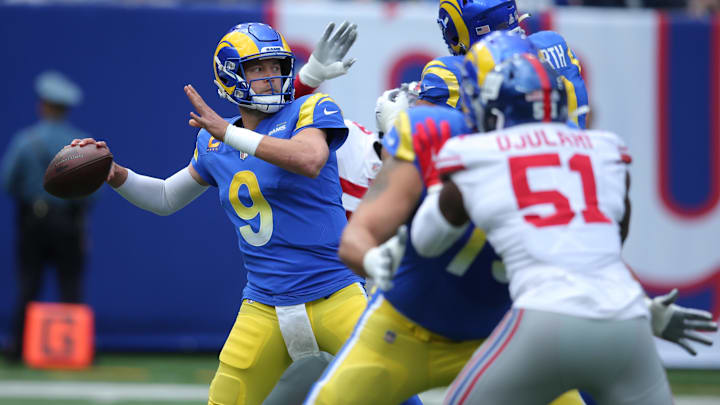 Oct 17, 2021; East Rutherford, New Jersey, USA; Los Angeles Rams quarterback Matthew Stafford (9) throws a pass against the New York Giants during the first quarter at MetLife Stadium. Mandatory Credit: Brad Penner-Imagn Images Oct 17, 2021; East Rutherford, New Jersey, USA; Los Angeles Rams quarterback Matthew Stafford (9) throws a pass against the New York Giants during the first quarter at MetLife Stadium. Mandatory Credit: Brad Penner-Imagn Images