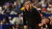 Apr 4, 2025; Tampa, FL, USA;  UCLA Bruins head coach Cori Close reacts during first quarter in a semifinal of the women's 2025 NCAA tournament against the Connecticut Huskies at Amalie Arena. Mandatory Credit: Nathan Ray Seebeck-Imagn Images