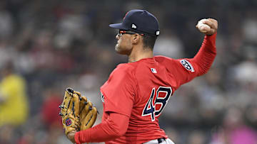 Aug 8, 2025; San Diego, California, USA; Boston Red Sox relief pitcher Isaiah Campbell (48) delivers during the ninth inning against the San Diego Padres at Petco Park. Mandatory Credit: Denis Poroy-Imagn Images
