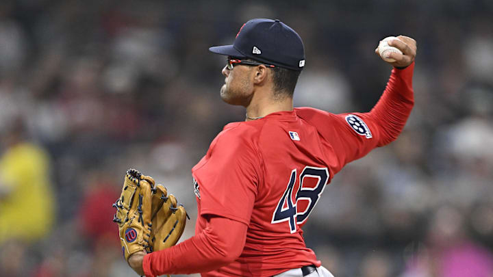 Aug 8, 2025; San Diego, California, USA; Boston Red Sox relief pitcher Isaiah Campbell (48) delivers during the ninth inning against the San Diego Padres at Petco Park. Mandatory Credit: Denis Poroy-Imagn Images