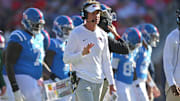 Sep 27, 2025; Oxford, Mississippi, USA; Mississippi Rebels head coach Lane Kiffin looks on during a time out during the second quarter against the LSU Tigers at Vaught-Hemingway Stadium. Mandatory Credit: Petre Thomas-Imagn Images