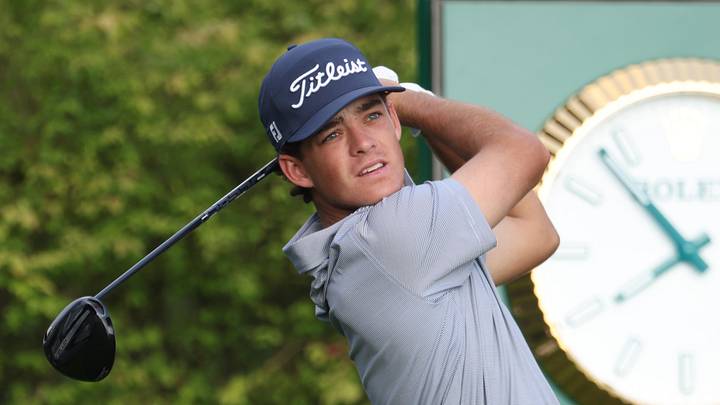 Jun 10, 2025; Oakmont, Pennsylvania, USA; Jackson Koivun  tees off on the first hole during a practice round for the U.S. Open golf tournament at Oakmont Country Club. Mandatory Credit: Charles LeClaire-Imagn Images