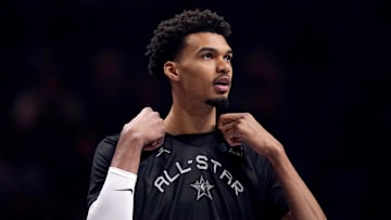 Feb 15, 2025; Oakland, CA, USA; Chuck’s Global Stars forward Victor Wembanyama (1) of the San Antonio Spurs stands on the court during the NBA All Star-Practice at Oracle Arena. Mandatory Credit: Cary Edmondson-Imagn Images