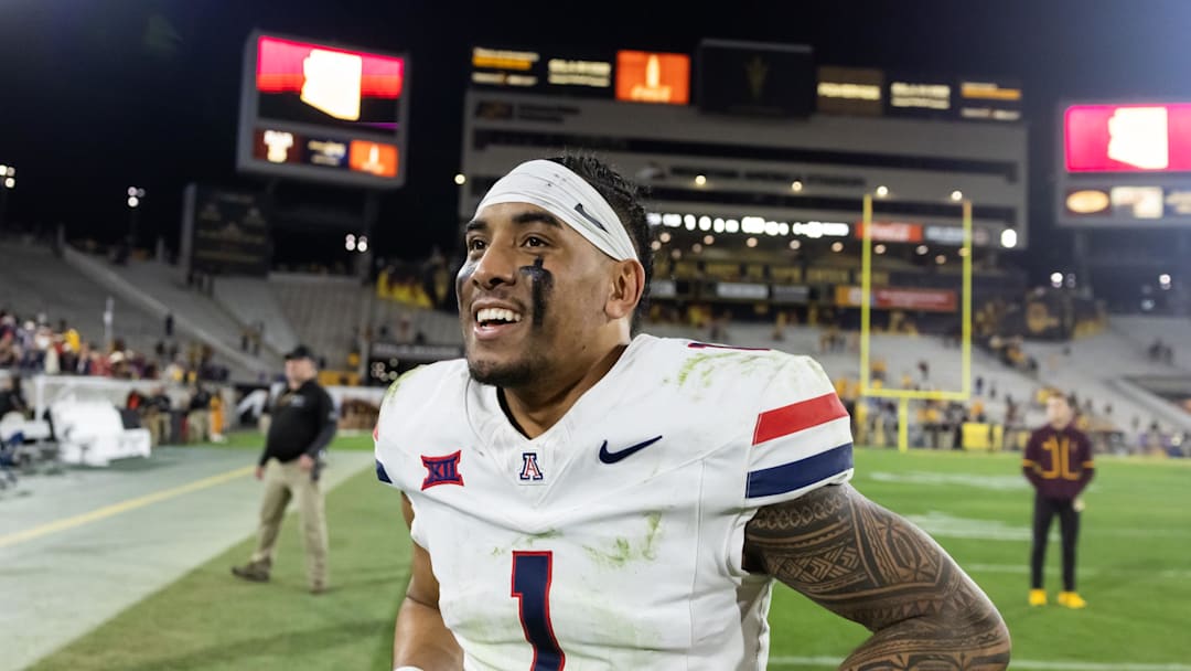 Nov 28, 2025; Tempe, Arizona, USA; Arizona Wildcats quarterback Noah Fifita (1) after defeating the Arizona State Sun Devils in the 99th Territorial Cup at Mountain America Stadium. Mandatory Credit: Mark J. Rebilas-Imagn Images