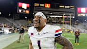 Nov 28, 2025; Tempe, Arizona, USA; Arizona Wildcats quarterback Noah Fifita (1) after defeating the Arizona State Sun Devils in the 99th Territorial Cup at Mountain America Stadium. Mandatory Credit: Mark J. Rebilas-Imagn Images
