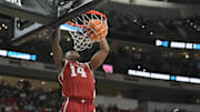 Mar 21, 2025; Raleigh, NC, USA;  Oklahoma Sooners forward Jalon Moore (14) makes a basket during the second half against the Connecticut Huskies at Lenovo Center.