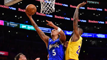 Oct 30, 2023; Los Angeles, California, USA;  Orlando Magic forward Paolo Banchero (5) moves to the