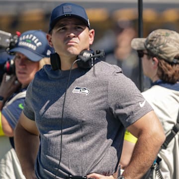Oct 12, 2025; Jacksonville, Florida, USA;Seattle Seahawks head coach Mike Macdonald stands on the sideline during the game against the Jacksonville Jaguars at EverBank Stadium. Mandatory Credit: Travis Register-Imagn Images