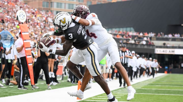 Aug 31, 2024; Nashville, Tennessee, USA;  Vanderbilt Commodores wide receiver Quincy Skinner Jr. (3) scores a touchdown against the Virginia Tech Hokies at FirstBank Stadium. Mandatory Credit: Steve Roberts-USA TODAY Sports