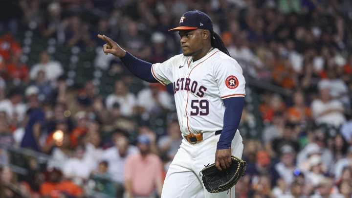 Jul 10, 2024; Houston, Texas, USA; Houston Astros starting pitcher Framber Valdez (59) walks off the mound after pitcing during the seventh inning against the Miami Marlins at Minute Maid Park. Mandatory Credit: Troy Taormina-USA TODAY Sports