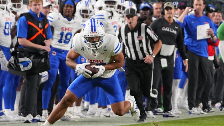 Oct 20, 2023; Philadelphia, Pennsylvania, USA; SMU Mustangs wide receiver Jake Bailey (12) runs with the ball.