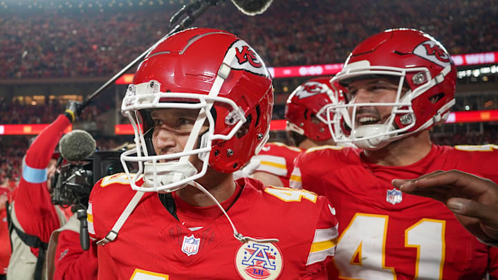 Kansas City Chiefs place kicker Matthew Wright (49) celebrates with long snapper James Winchester (41) after the win over the Los Angeles Chargers at GEHA Field at Arrowhead Stadium. Kansas City Chiefs place kicker Matthew Wright (49) celebrates with long snapper James Winchester (41) after the win over the Los Angeles Chargers at GEHA Field at Arrowhead Stadium.